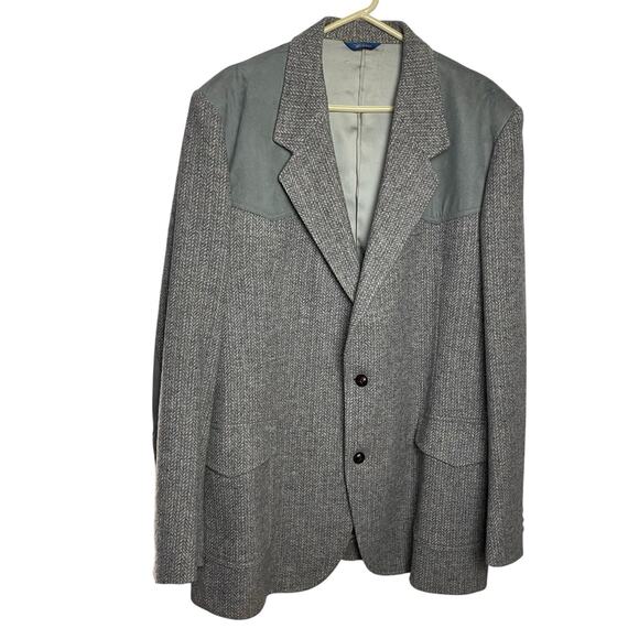 Vtg Pendleton Western Blazer Mens 50 Tall Gray Wool Tweed Suede Elbow Patches - Picture 2 of 16